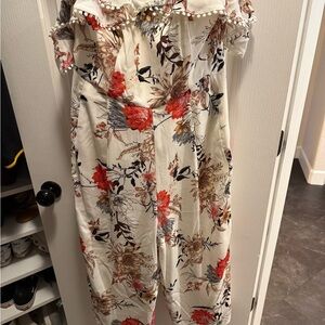 City Chic Cream Off-Shoulder Floral Jumpsuit with Red & Brown Print